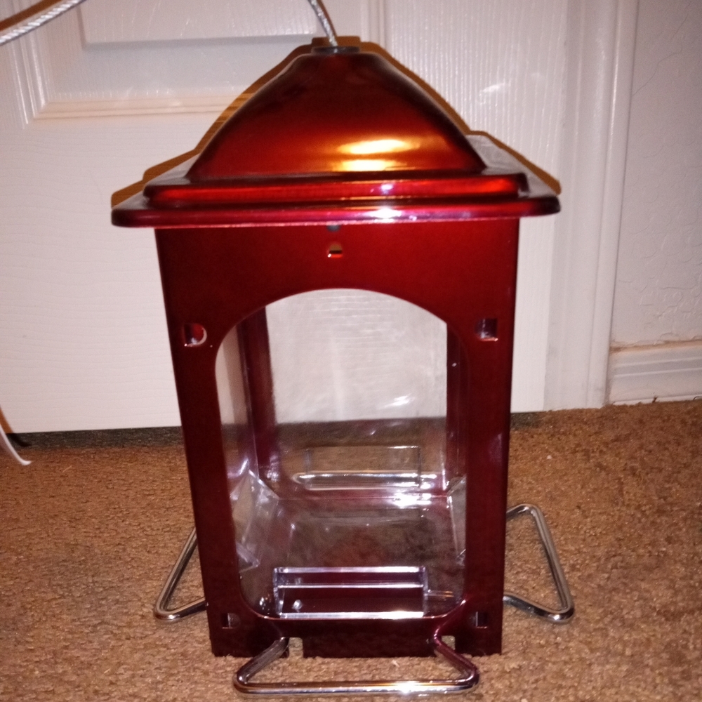 Red Metal Glass Hummingbird Feeder w/Footstools for Birds to Stand On Easy Pour